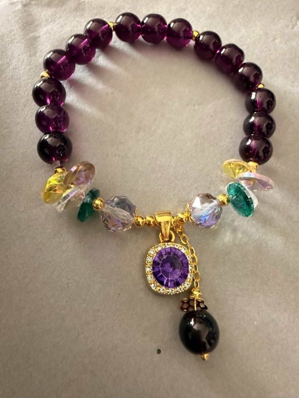 Purple Amethyst Beaded Stretch Bracelet Cubic Zirconia Charm Multicolor